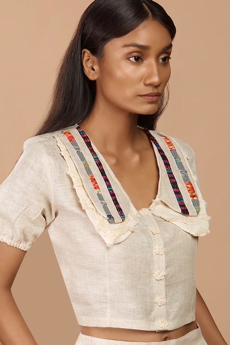Label Niyami_Beige Linen Collared Textured Striped Top And Pant Set _at_Aza_Fashions