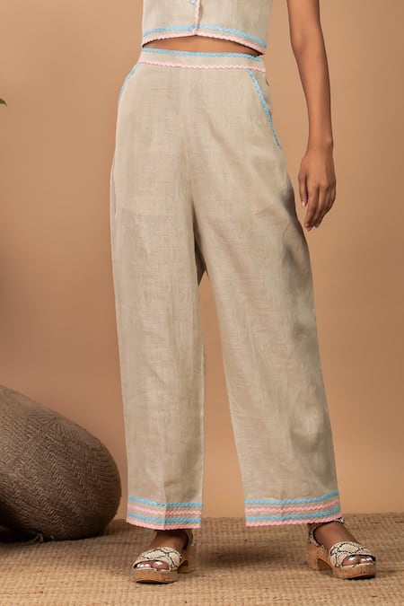 Label Niyami_Beige Linen Embroidery, Lace Collared Daisy Shirt And Pant Set _Online_at_Aza_Fashions