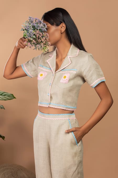 Buy_Label Niyami_Beige Linen Embroidery, Lace Collared Daisy Shirt And Pant Set _Online_at_Aza_Fashions
