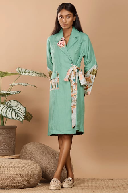 Label Niyami Floral Applique Green Tie-Up Trench Dress 