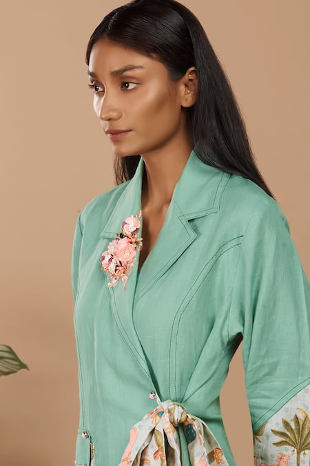 Label Niyami_Green Linen Embroidery Collared Floral Applique Tie-up Trench Dress _Online_at_Aza_Fashions
