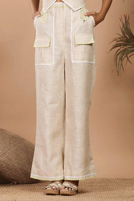 Buy_Label Niyami_Beige Linen Embroidery, Lace Collared Floral Patch Crop Top And Pant Set _Online_at_Aza_Fashions