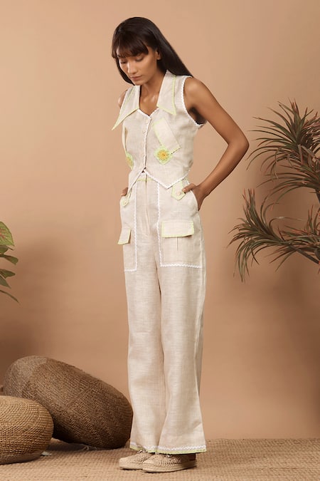 Shop_Label Niyami_Beige Linen Embroidery, Lace Collared Floral Patch Crop Top And Pant Set _Online_at_Aza_Fashions