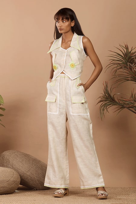 Label Niyami_Beige Linen Embroidery, Lace Collared Floral Patch Crop Top And Pant Set _at_Aza_Fashions