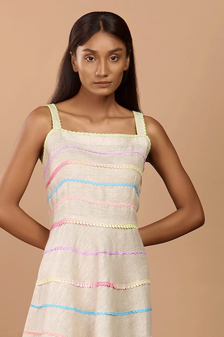 Label Niyami_Beige Linen Embroidery Square Neck Lace Midi Dress _Online_at_Aza_Fashions