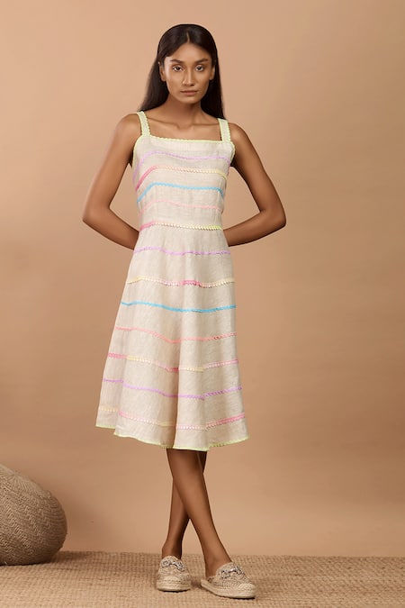 Buy_Label Niyami_Beige Linen Embroidery Square Neck Lace Midi Dress _Online_at_Aza_Fashions