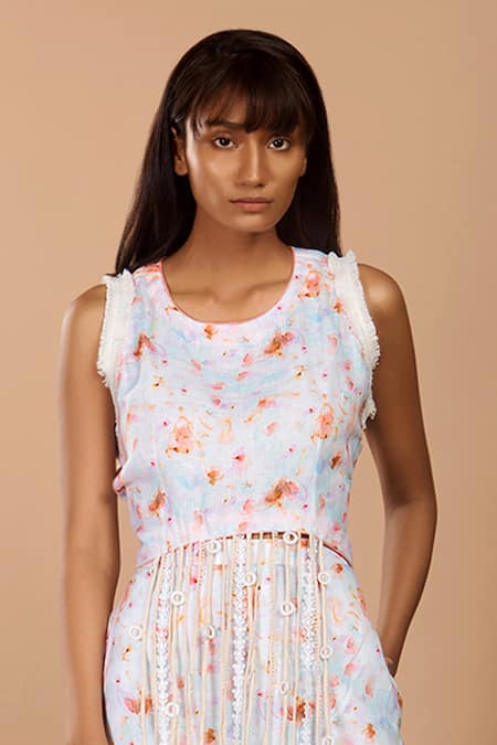 Label Niyami_Off White Linen Fringe, Embroidery Round Neck Abstract Print Top And Pant Set _Online_at_Aza_Fashions