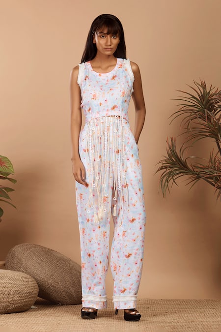 Label Niyami Abstract Print Fringed Top & Pant Set 