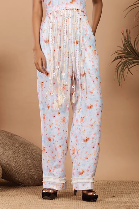 Buy_Label Niyami_Off White Linen Fringe, Embroidery Round Neck Abstract Print Top And Pant Set _Online_at_Aza_Fashions