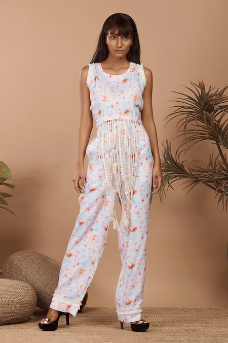 Shop_Label Niyami_Off White Linen Fringe, Embroidery Round Neck Abstract Print Top And Pant Set _Online_at_Aza_Fashions