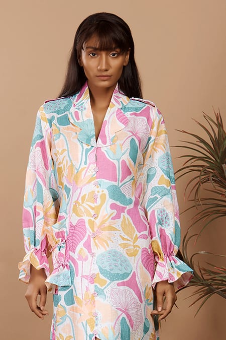 Label Niyami_Off White Linen V-neck Botanical Printed Midi Dress _Online_at_Aza_Fashions