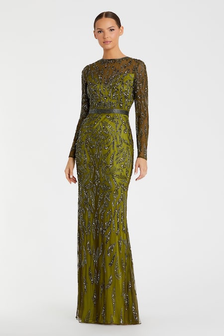 Mac Duggal Green Polyester Sequins, Beads Round Neck Abstract Embroidered Gown