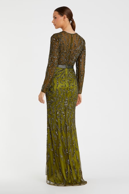 Shop Mac Duggal Green Polyester Sequins, Beads Round Neck Abstract Embroidered Gown at Aza Fashions Shop_Mac Duggal_Green Polyester Sequins, Beads Round Neck Abstract Embroidered Gown _at_Aza_Fashions