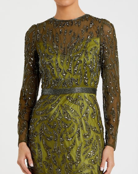 Mac Duggal Green Polyester Sequins, Beads Round Neck Abstract Embroidered Gown Online at Aza Fashions Mac Duggal_Green Polyester Sequins, Beads Round Neck Abstract Embroidered Gown _Online_at_Aza_Fashions