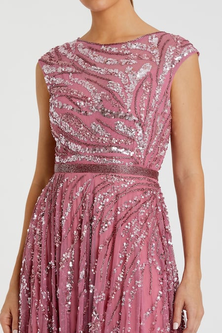 Mac Duggal Pink Polyester Sequins, Cut Work Bandeau Neck Abstract Embellished Gown Online at Aza Fashions Mac Duggal_Pink Polyester Sequins, Cut Work Bandeau Neck Abstract Embellished Gown _Online_at_Aza_Fashions