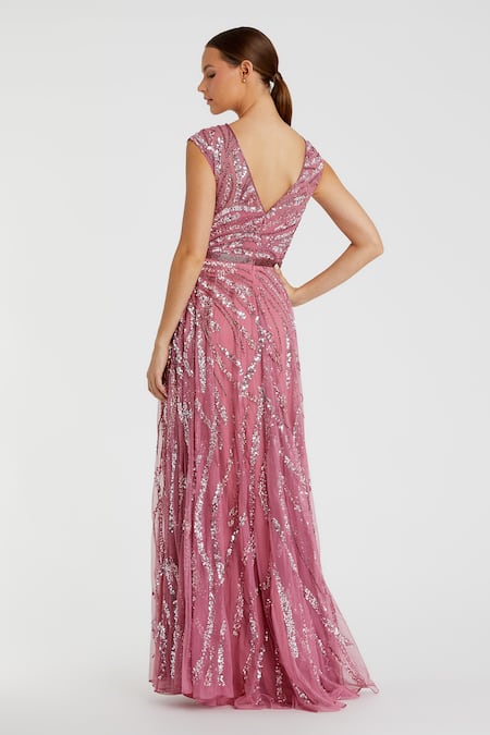 Shop Mac Duggal Pink Polyester Sequins, Cut Work Bandeau Neck Abstract Embellished Gown at Aza Fashions Shop_Mac Duggal_Pink Polyester Sequins, Cut Work Bandeau Neck Abstract Embellished Gown _at_Aza_Fashions