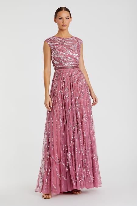 Mac Duggal Pink Polyester Sequins, Cut Work Bandeau Neck Abstract Embellished Gown
