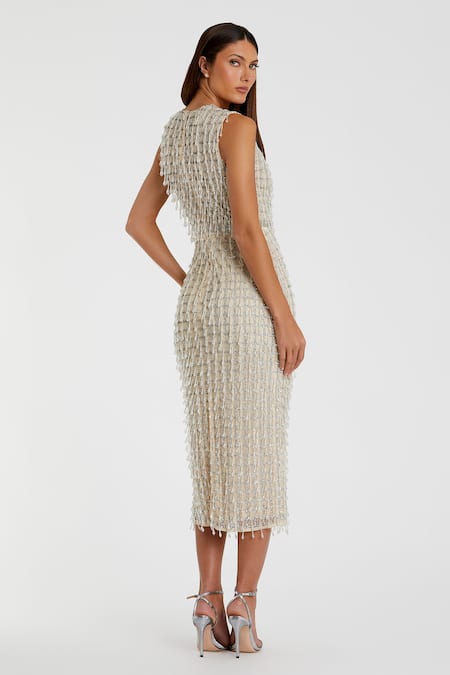 Shop Mac Duggal Silver Polyester Sequins, Beads Round Neck Chequered Embroidered Midi Dress at Aza Fashions Shop_Mac Duggal_Silver Polyester Sequins, Beads Round Neck Chequered Embroidered Midi Dress _at_Aza_Fashions