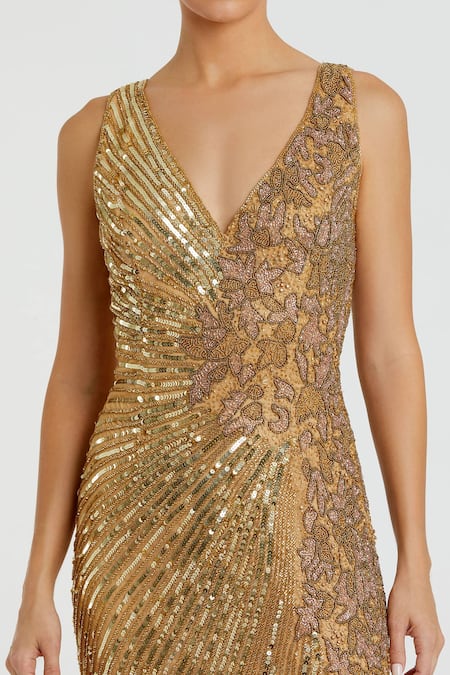 Mac Duggal_Gold Polyester Sequins, Beads, Embroidery V-neck Floral Geometric Gown _Online_at_Aza_Fashions