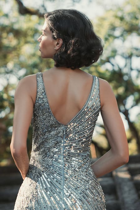 Shop Mac Duggal Silver Polyester Sequins, Beads V-neck Floral Embellished Gown at Aza Fashions Shop_Mac Duggal_Silver Polyester Sequins, Beads V-neck Floral Embellished Gown _at_Aza_Fashions