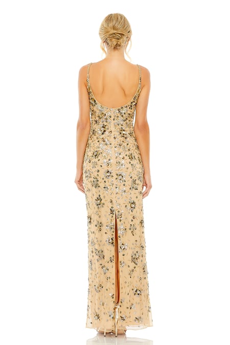 Shop Mac Duggal Gold Polyester Sequins, Beads Scoop Neck Floral Bloom Embellished Gown at Aza Fashions Shop_Mac Duggal_Gold Polyester Sequins, Beads Scoop Neck Floral Bloom Embellished Gown _at_Aza_Fashions