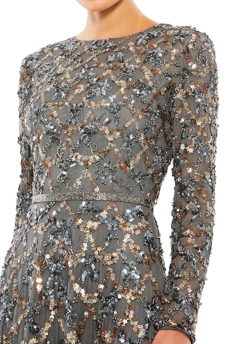 Mac Duggal_Gray Polyester Beads, Embroidery Round Neck Floral Beaded Trellis Gown _Online_at_Aza_Fashions