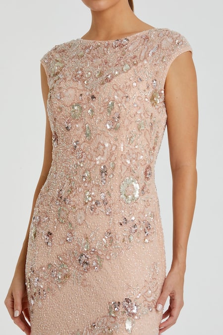 Mac Duggal_Beige Polyester Sequins, Beads Bandeau Neck Abstract Floral Embellished Gown _Online_at_Aza_Fashions