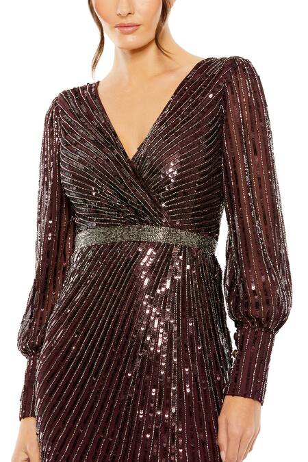 Mac Duggal_Purple Polyester Sequins, Beads V-neck Linear Embellished Gown _Online_at_Aza_Fashions