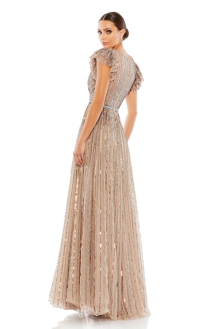 Mac Duggal Beige Ruffled Sleeve Sequin Gown 