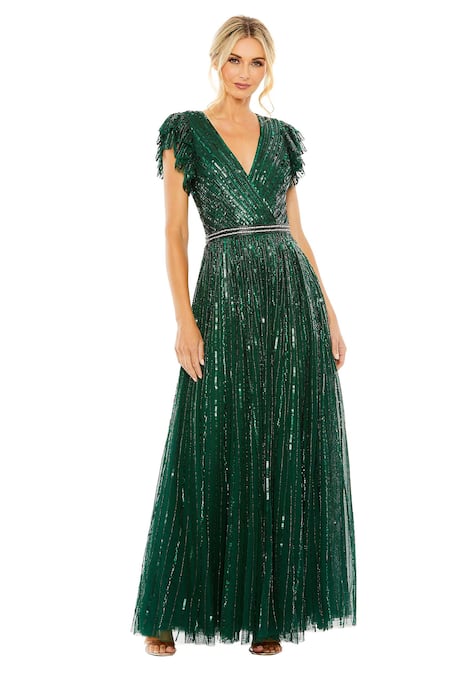 Mac Duggal Green Polyester Sequins, Beads V-neck Embellished V Gown With Ruffled Sleeves 