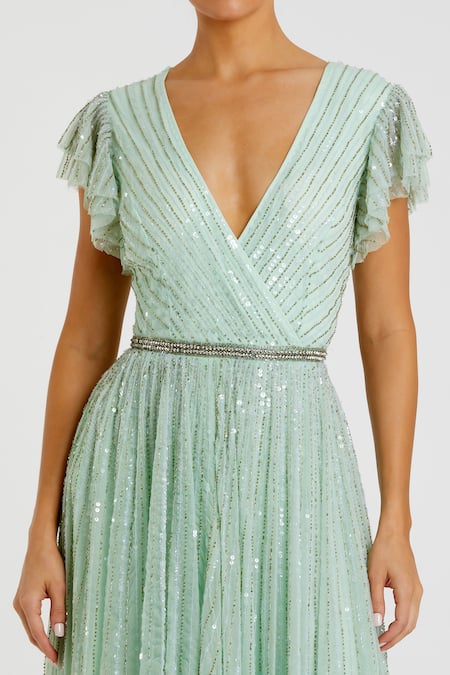 Mac Duggal_Blue Polyester Beads V-neck Sea Mist Sequin Embellished Gown _Online_at_Aza_Fashions