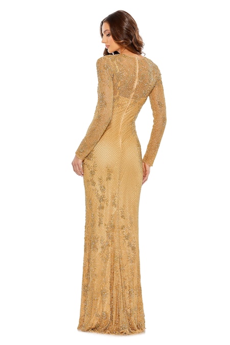 Shop Mac Duggal Gold Polyester Sequins, Beads Round Neck Floral Embellished Gown at Aza Fashions Shop_Mac Duggal_Gold Polyester Sequins, Beads Round Neck Floral Embellished Gown _at_Aza_Fashions