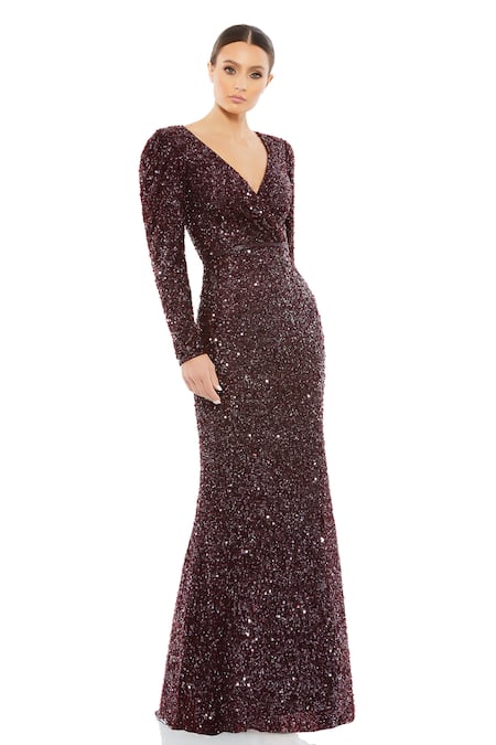 Mac Duggal Brown Polyester Embellished Sequins V Neck Mahogany Puff Sleeve Gown 