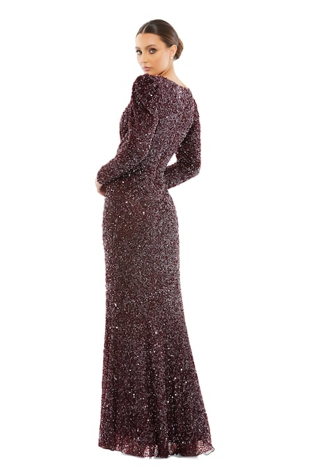 Shop Mac Duggal Brown Polyester Beads V-neck Mahogany Puff Sleeve Sequined Gown at Aza Fashions Shop_Mac Duggal_Brown Polyester Beads V-neck Mahogany Puff Sleeve Sequined Gown _at_Aza_Fashions