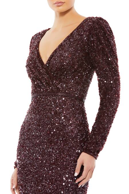 Mac Duggal Brown Polyester Beads V-neck Mahogany Puff Sleeve Sequined Gown Online at Aza Fashions Mac Duggal_Brown Polyester Beads V-neck Mahogany Puff Sleeve Sequined Gown _Online_at_Aza_Fashions