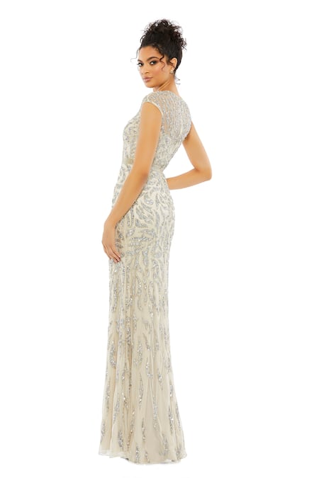 Shop Mac Duggal Silver Polyester Cut Work, Sequins Round Neck Abstract Embellished Gown at Aza Fashions Shop_Mac Duggal_Silver Polyester Cut Work, Sequins Round Neck Abstract Embellished Gown _at_Aza_Fashions