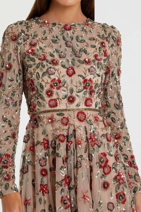 Mac Duggal Beige Polyester Sequins, Beads Round Neck Antique Floral Embellished Gown Online at Aza Fashions Mac Duggal_Beige Polyester Sequins, Beads Round Neck Antique Floral Embellished Gown _Online_at_Aza_Fashions