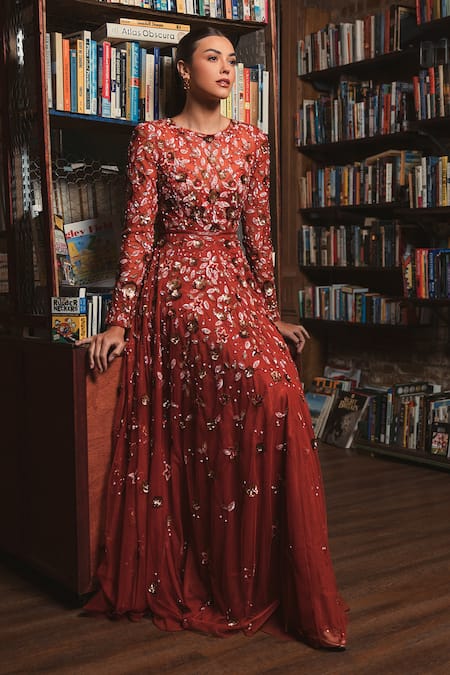 Mac Duggal_Orange Polyester Sequins, Beads Round Neck Floral Embellished Gown _Online_at_Aza_Fashions