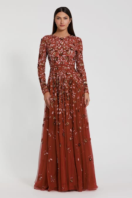 Buy_Mac Duggal_Orange Polyester Sequins, Beads Round Neck Floral Embellished Gown _Online_at_Aza_Fashions