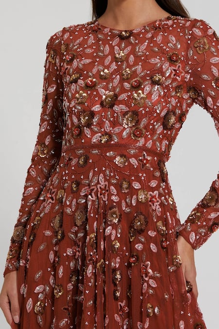 Shop_Mac Duggal_Orange Polyester Sequins, Beads Round Neck Floral Embellished Gown _Online_at_Aza_Fashions
