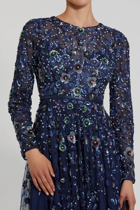 Mac Duggal_Blue Polyester Sequins, Beads Round Neck Navy Floral Embellished Designer Gown _Online_at_Aza_Fashions