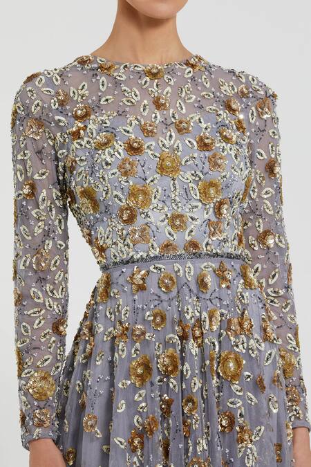 Mac Duggal_Gray Polyester Sequins, Beads Round Neck Floral Embellished Grey Gown _Online_at_Aza_Fashions