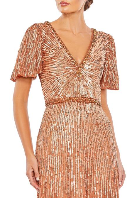 Mac Duggal_Peach Polyester Sequins V-neck Geometric Gown _Online_at_Aza_Fashions