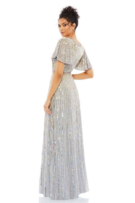 Shop_Mac Duggal_Silver Polyester Sequins V-neck Platinum Geometric Gown _at_Aza_Fashions