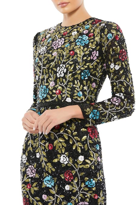 Mac Duggal_Black Polyester Sequins, Beads Round Neck Floral Garden Embellished Gown _Online_at_Aza_Fashions