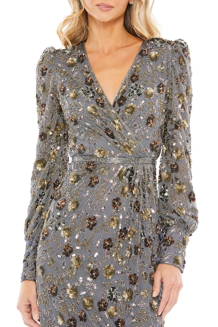 Mac Duggal_Gray Polyester Sequins, Cut Work V-neck Embellished Floral Midi Dress _Online_at_Aza_Fashions