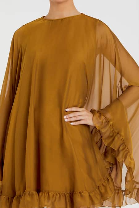 Mac Duggal Gold Polyester Ruffles Round Neck Antique Cape Dress Online at Aza Fashions Mac Duggal_Gold Polyester Ruffles Round Neck Antique Cape Dress _Online_at_Aza_Fashions