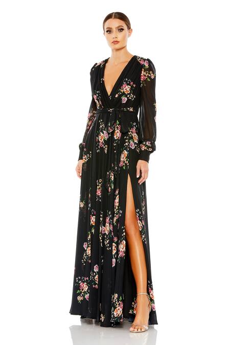 Mac Duggal_Black Polyester V-neck Floral Garden Print Gown _Online_at_Aza_Fashions