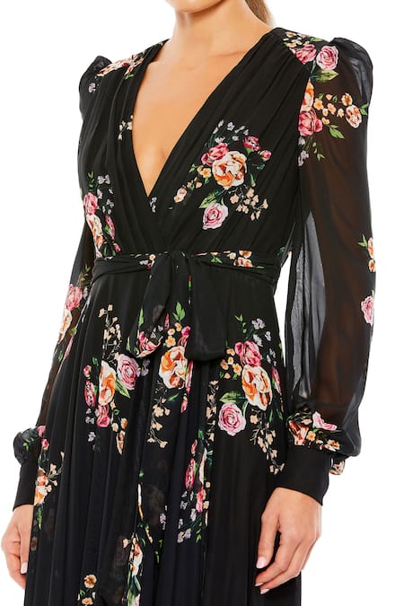 Buy_Mac Duggal_Black Polyester V-neck Floral Garden Print Gown _Online_at_Aza_Fashions