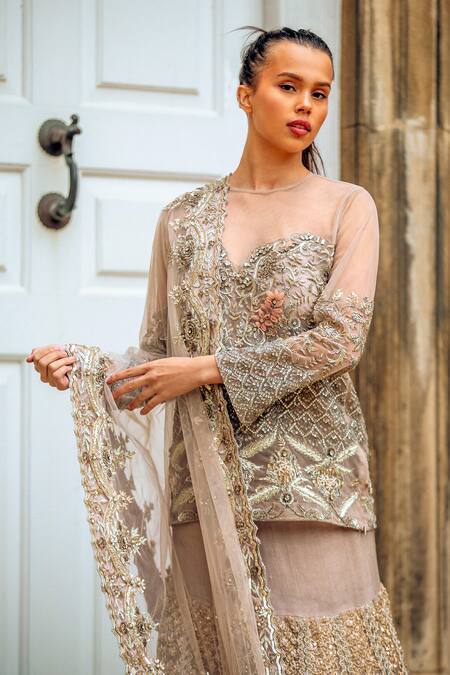 tara thakur Gold Net, Tissue Embroidery, Sequins, Zari Round Neck Zardozi Lehenga Set Online at Aza Fashions tara thakur_Gold Net, Tissue Embroidery, Sequins, Zari Round Neck Zardozi Lehenga Set _Online_at_Aza_Fashions